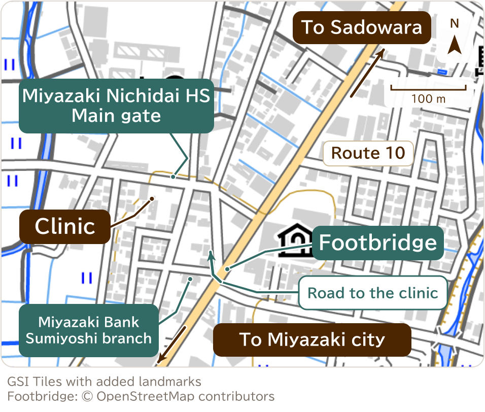 Local map showing the clinic, Miyazaki Nichidai High School main gate, Route 10, pedestrian bridge, Miyazaki Bank Sumiyoshi Branch and directions to Sadowara and central Miyazaki