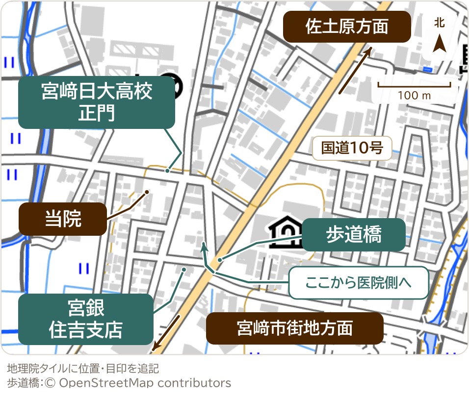 当院、宮﨑日大高校正門、国道10号、歩道橋、宮銀住吉支店と佐土原・宮﨑市街地方面を示す周辺案内地図